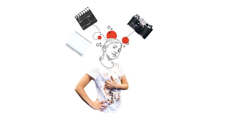 Diese Collage besteht aus Fotos und Illustrationen. Zu sehen ist ein Kind mit Kamera und Filmklappe.